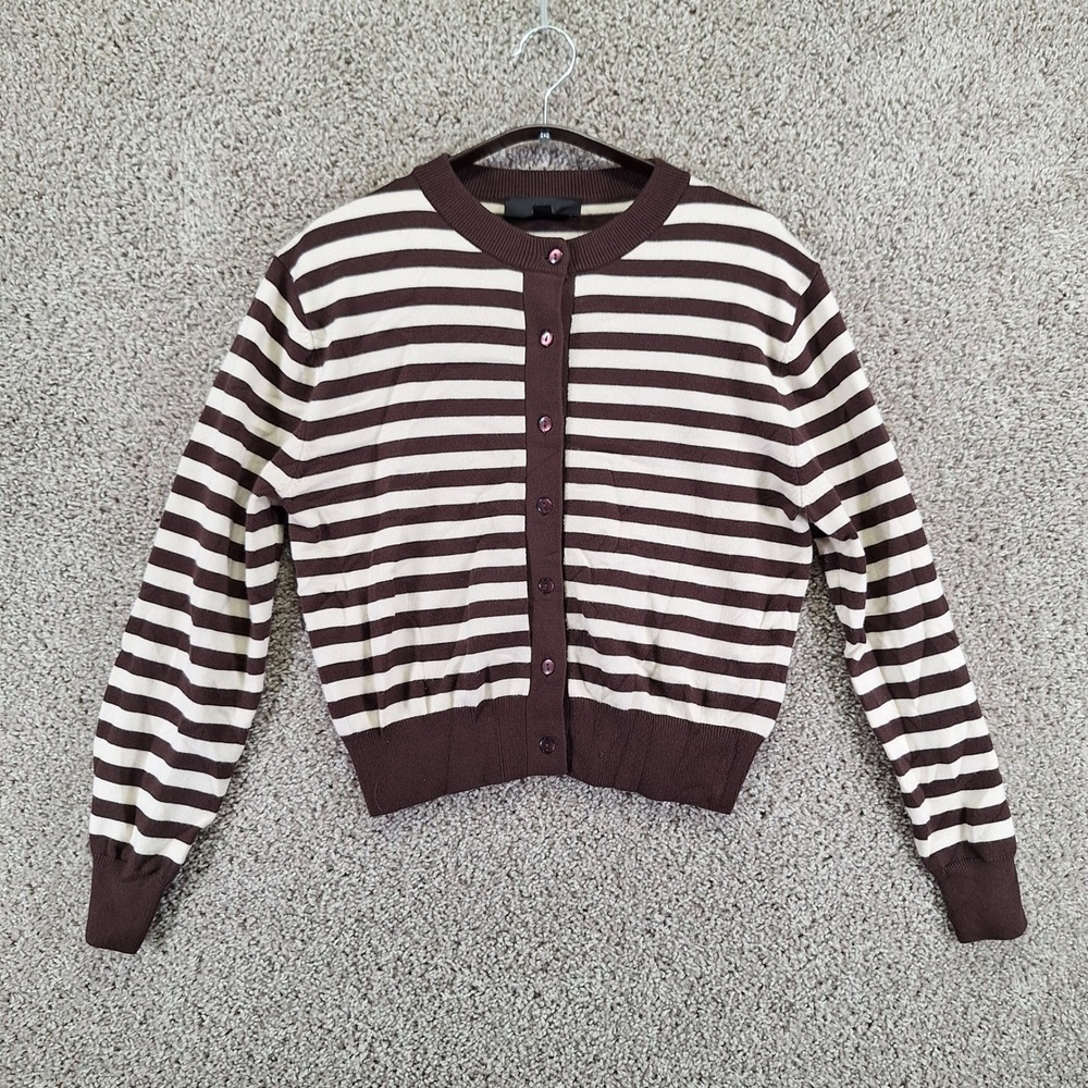 Zara Cropped Cardigan Sweater Women's M Brown White Striped Tight Knit Button Up